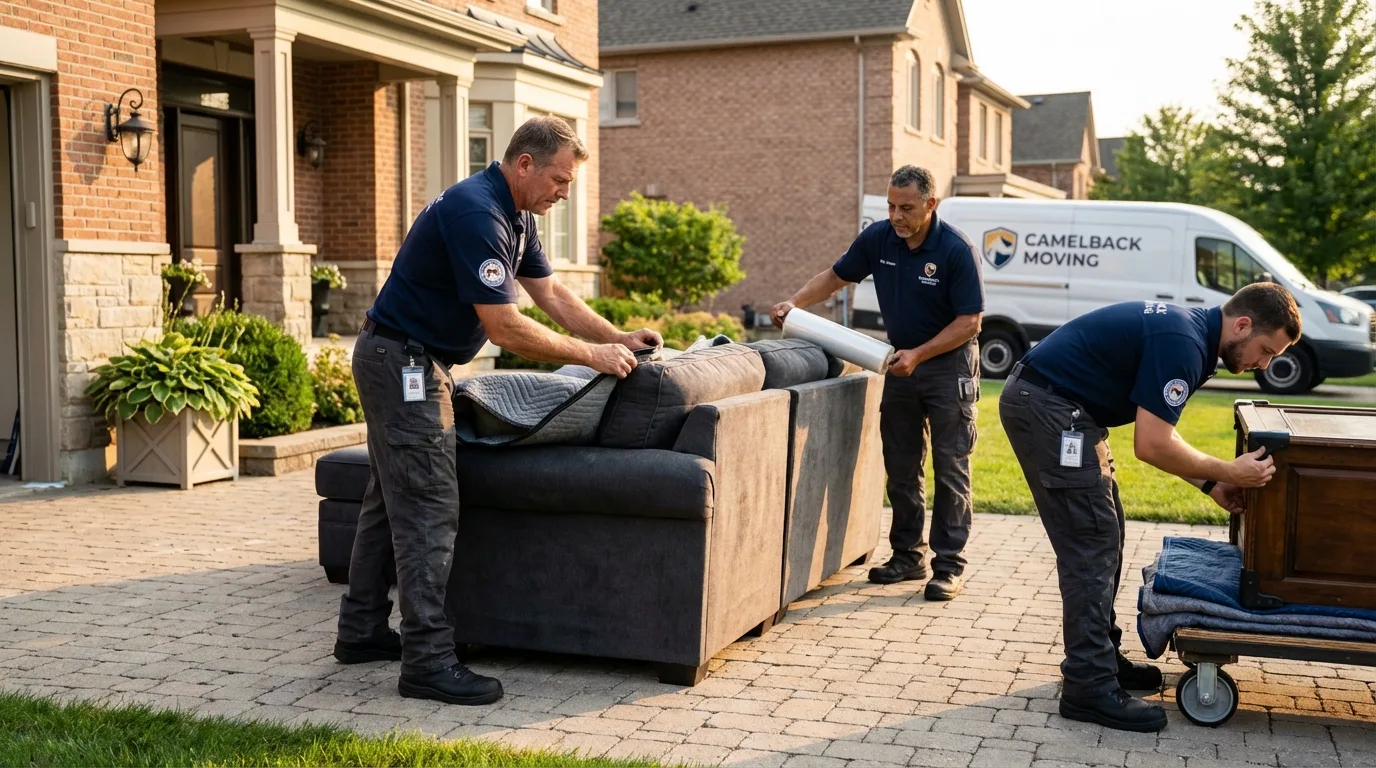 Large estate moving crew wrapping furniture in Old Westbury, NY