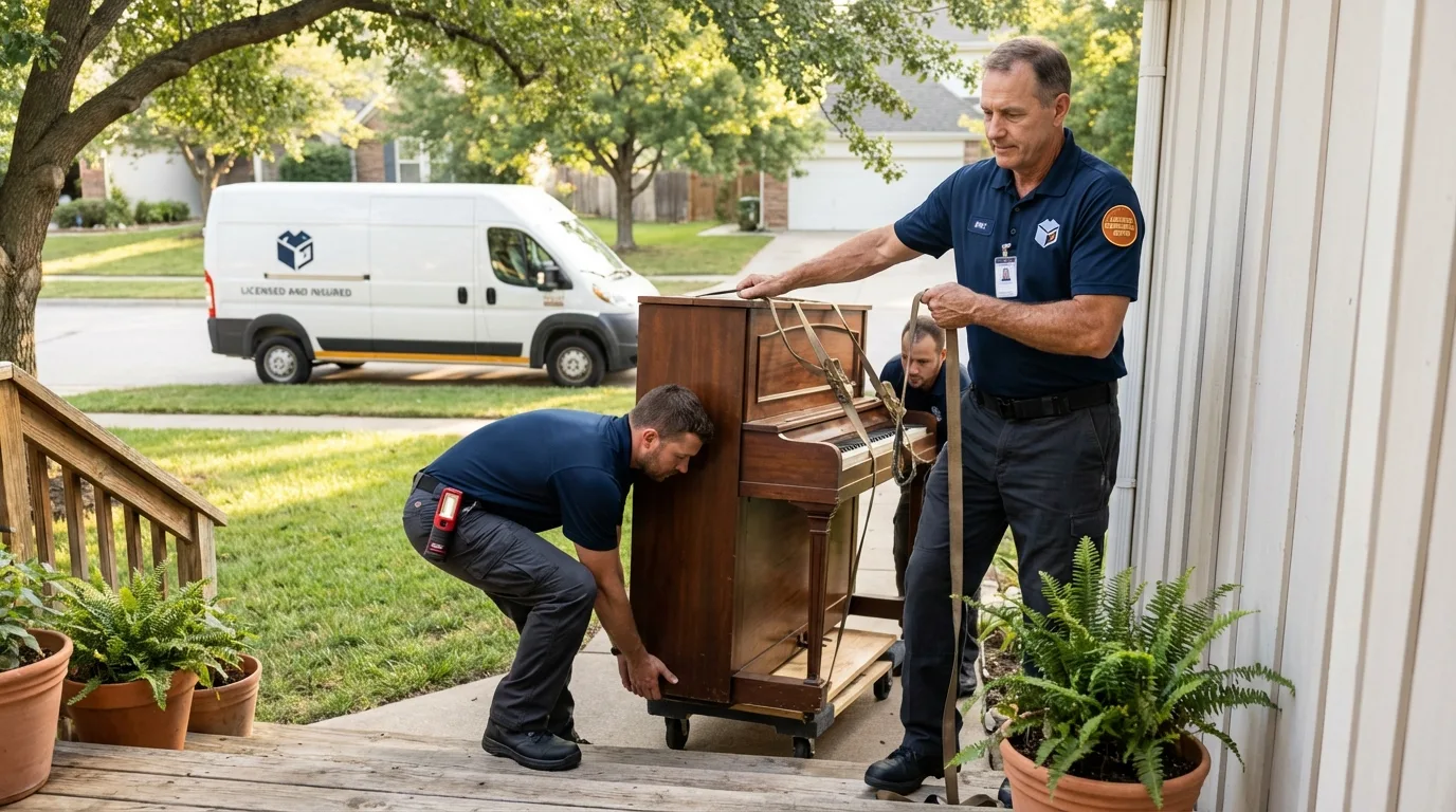 Licensed piano movers securing grand piano in Old Westbury, NY