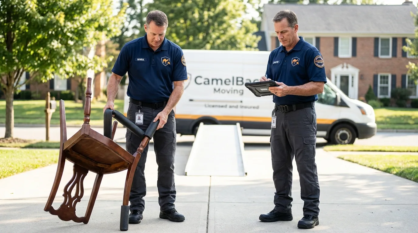 Movers inspecting furniture for damage prevention before loading in Old Westbury, NY
