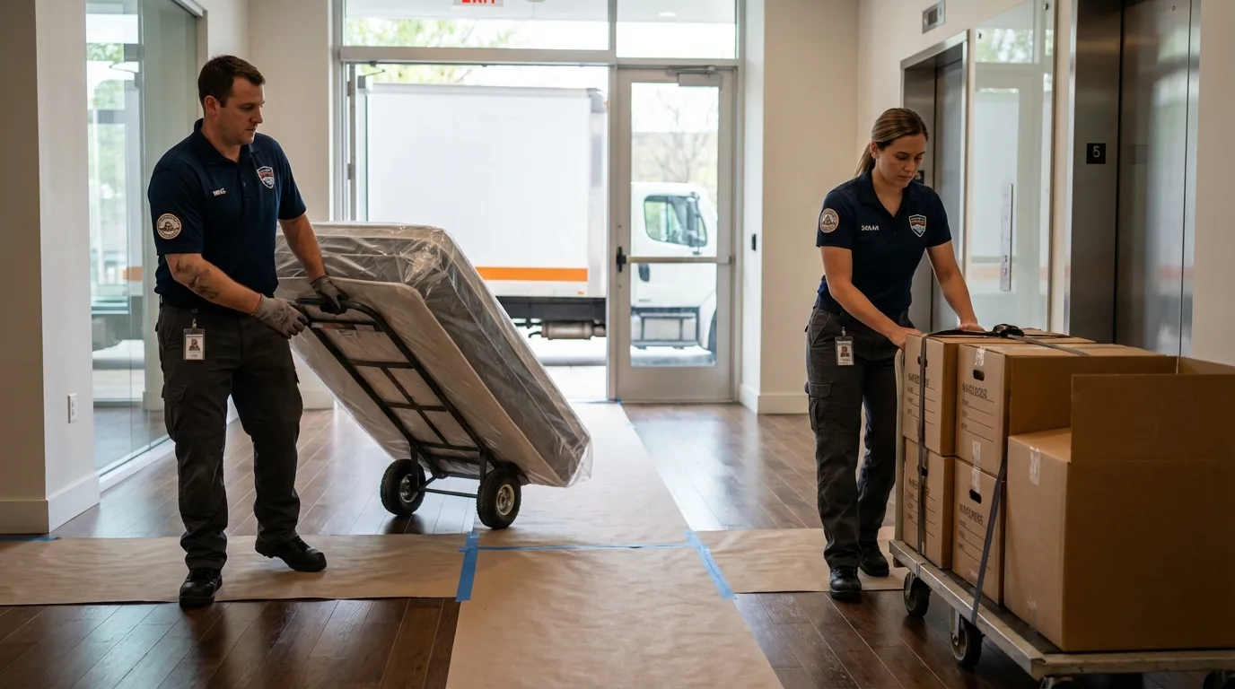 Professional apartment movers loading elevator in Old Westbury, NY