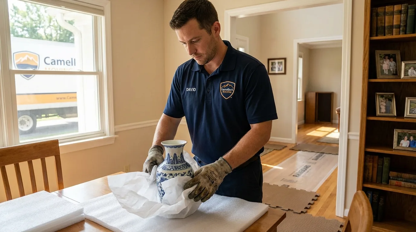Professional crew carefully wrapping antique vase for senior downsizing move in Old Westbury, NY