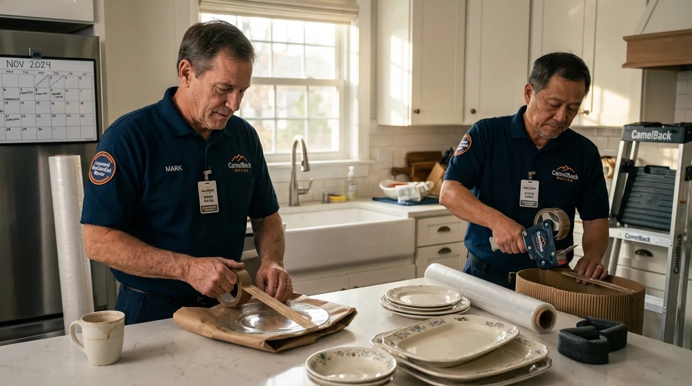 Professional crew packing kitchen dishware in Old Westbury, NY