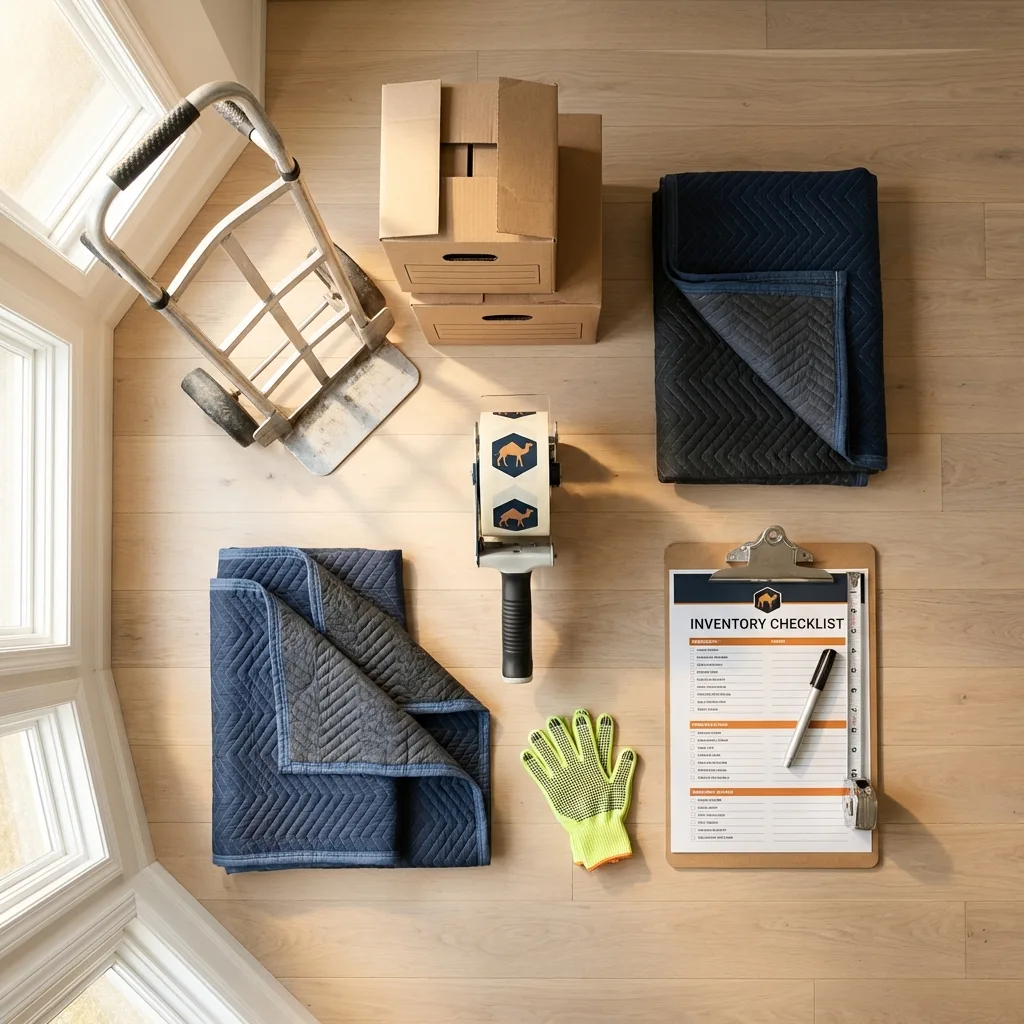Professional moving supplies and packing materials layout for Old Westbury residential relocations